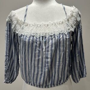 Hollister Cold Shoulder Blue Striped Lace Top Size Small